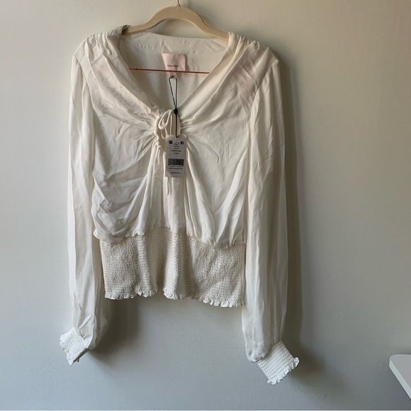 Cinq a Sept 100% Silk Blouse Top White Cutout Smocked Hem Sz‎ L - Picture 2 of 7
